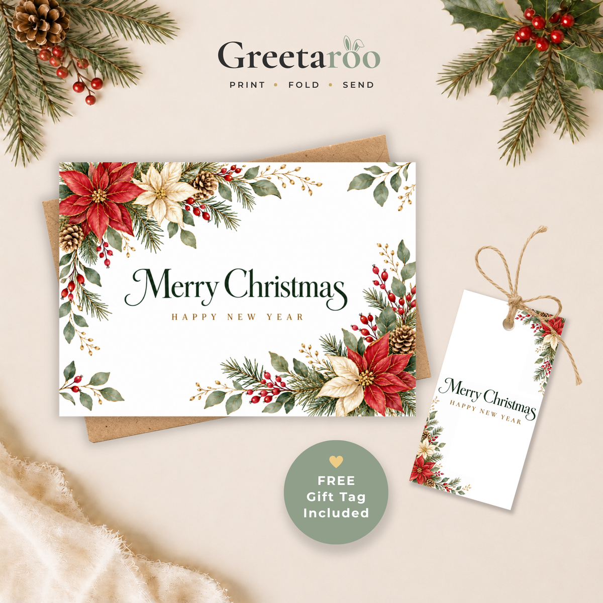 Printable Poinsettia Christmas Card