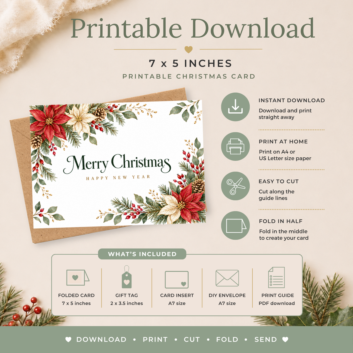 Printable Poinsettia Christmas Card