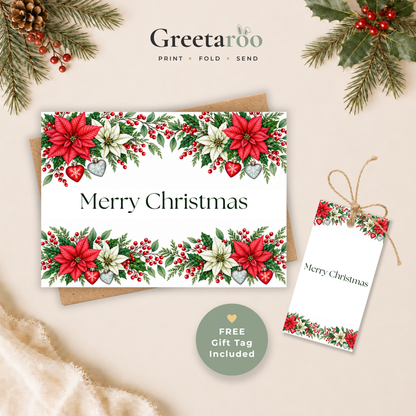 Red Poinsettias Printable Christmas Card
