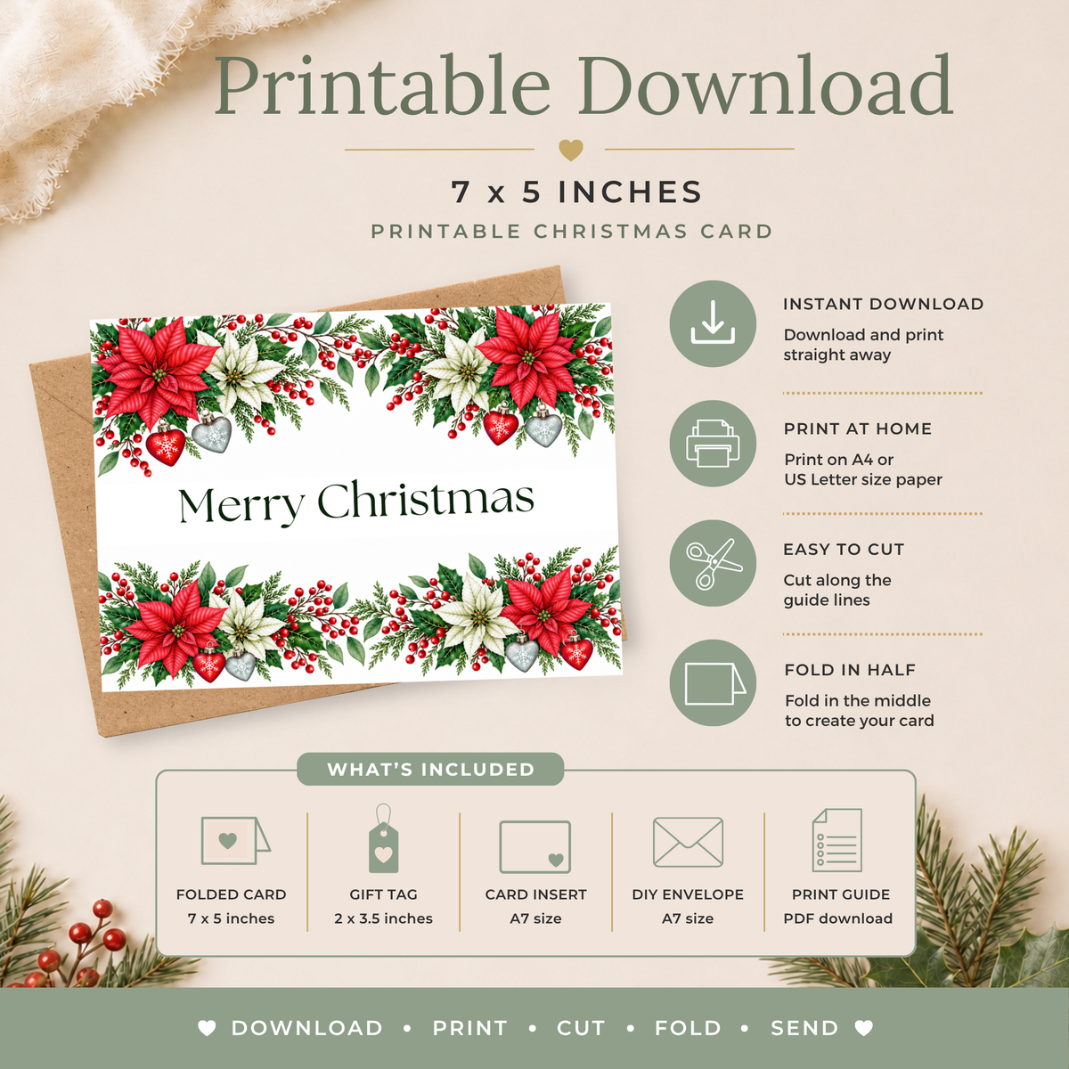 Red Poinsettias Printable Christmas Card
