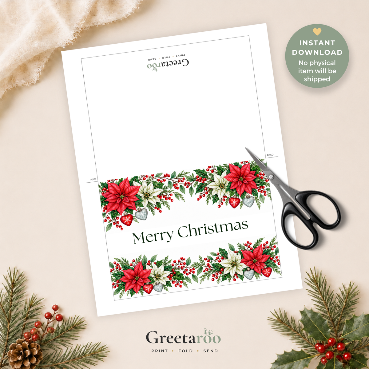 Red Poinsettias Printable Christmas Card