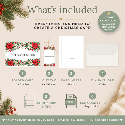 Red Poinsettias Printable Christmas Card