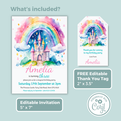 Editable Birthday Invitation and FREE Thank You Tag - Rainbow Castle