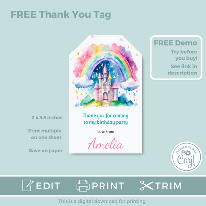 Editable Birthday Invitation and FREE Thank You Tag - Rainbow Castle