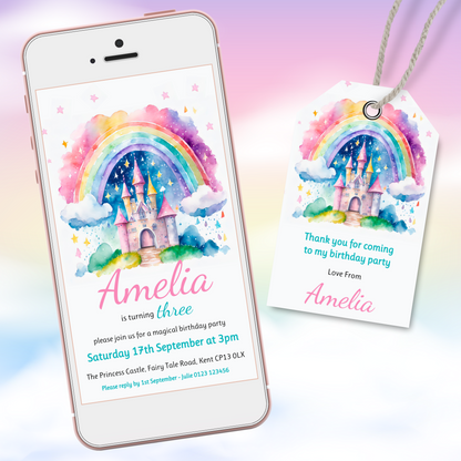 Editable Phone Birthday Invitation and FREE Thank You Tag - Rainbow Castle