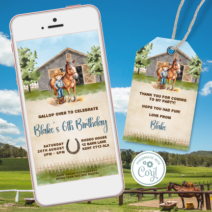 Editable Evite Birthday Invitation and FREE Thank You Tag - Cowboy