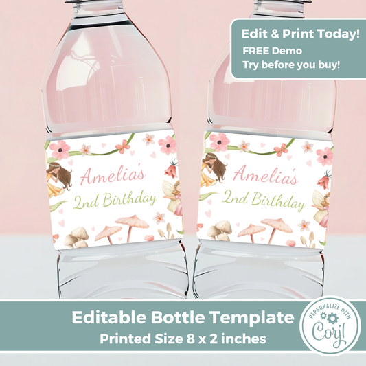 Editable Birthday Water Bottle Label - Fairy