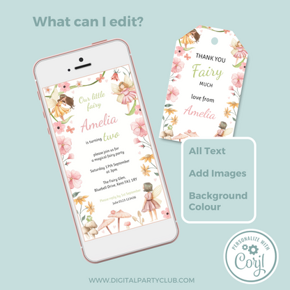 Editable Phone Birthday Invitation and FREE Thank You Tag - Fairy