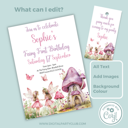 Editable Birthday Invitation and FREE Thank You Tag - Fairy First Birthday