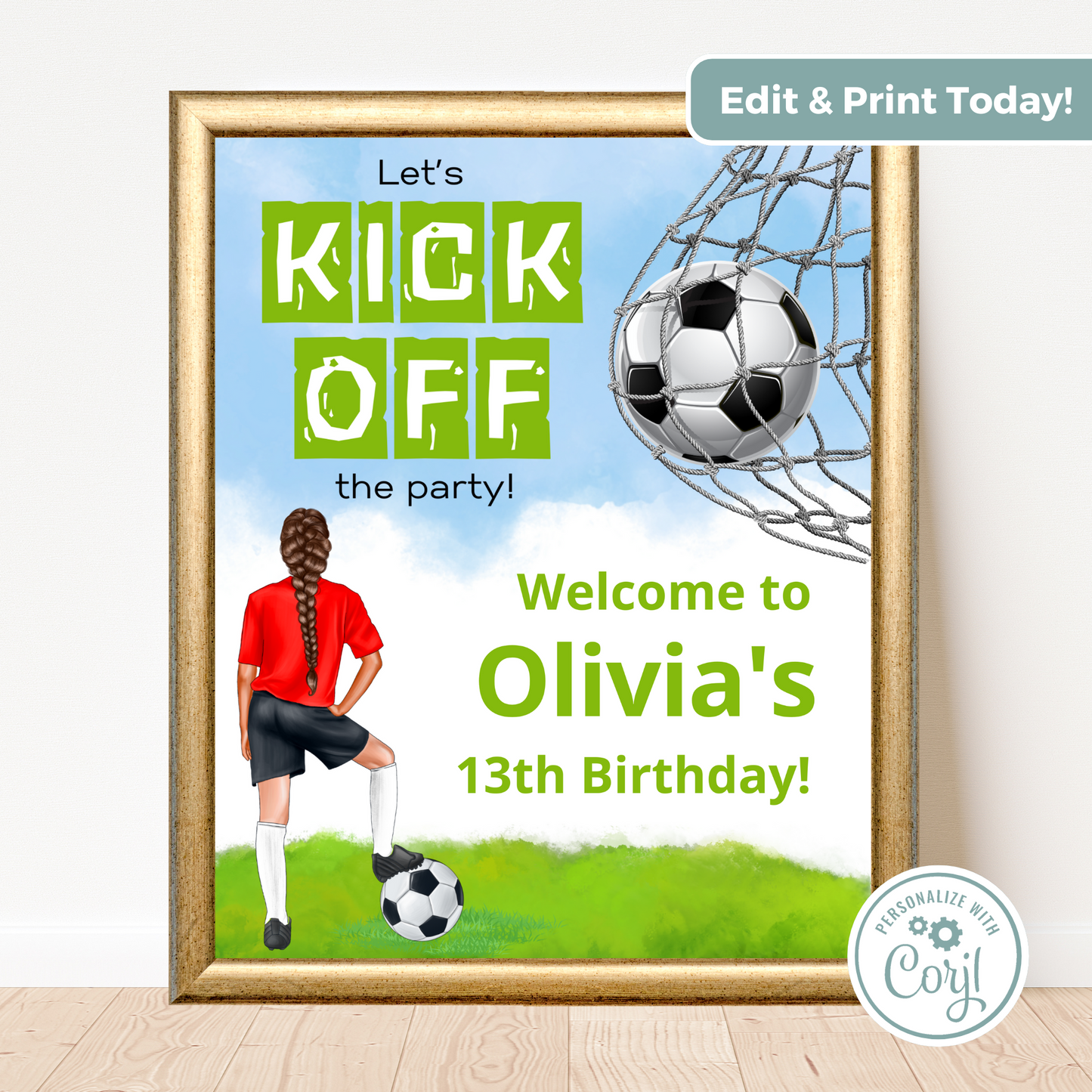 Editable Birthday Welcome Sign - Football Girl Red