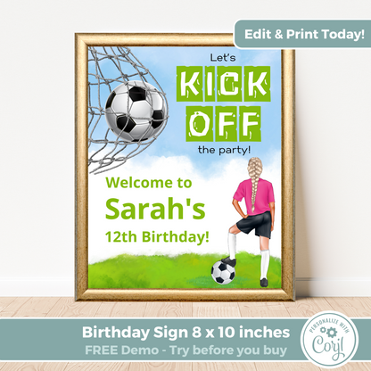 Editable Birthday Welcome Sign - Football Girl Pink