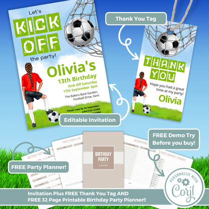 Editable Birthday Invitation and FREE Thank You Tag - Football Girl Red