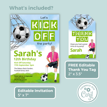 Editable Birthday Invitation and FREE Thank You Tag - Football Girl Pink