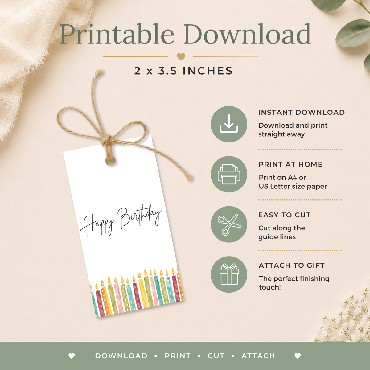 Printable Birthday Gift Tag with Colourful Candles