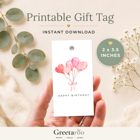 Printable Birthday Gift Tag with Heart Balloons