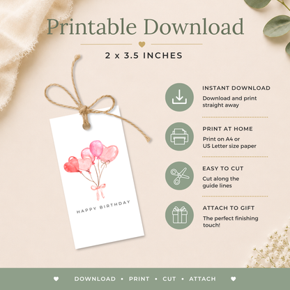 Printable Birthday Gift Tag with Heart Balloons