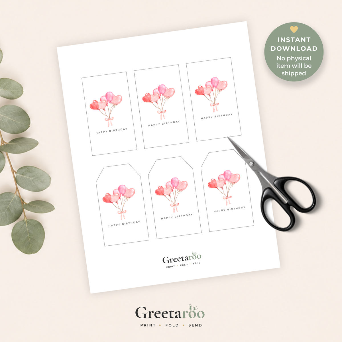 Printable Birthday Gift Tag with Heart Balloons