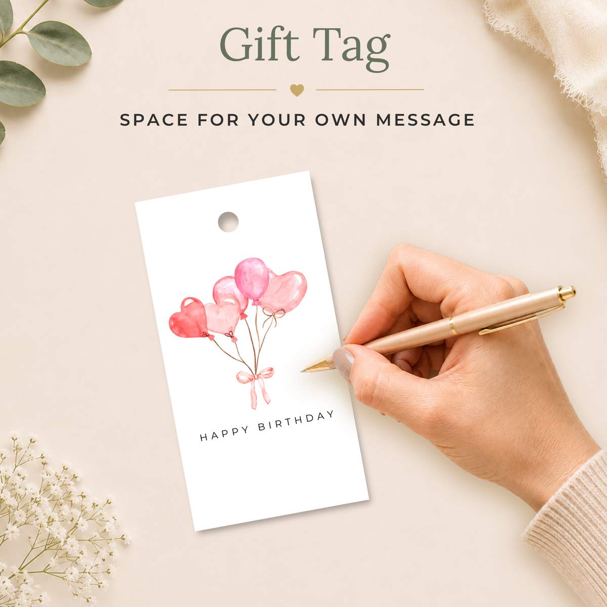 Printable Birthday Gift Tag with Heart Balloons