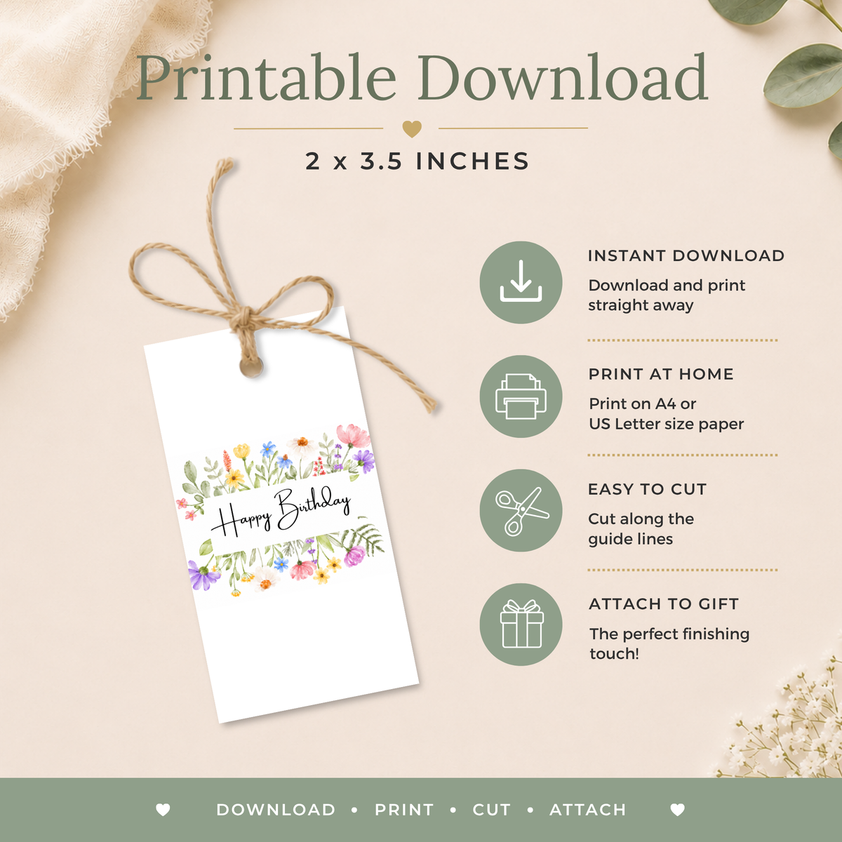 Printable Birthday Gift Tag with Flowers