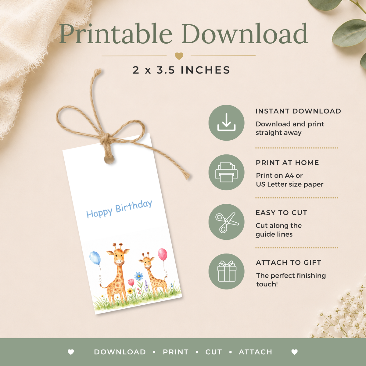 Printable Birthday Gift Tag with Cute Giraffe