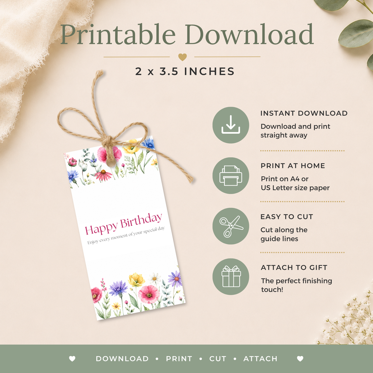 Printable Birthday Gift Tag with Flowers