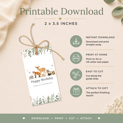 Printable Birthday Gift Tag with Woodland Animals