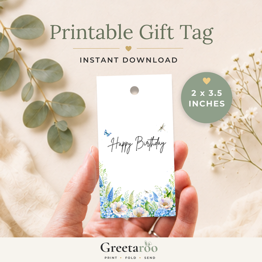 Printable Blue Floral Birthday Gift Tag