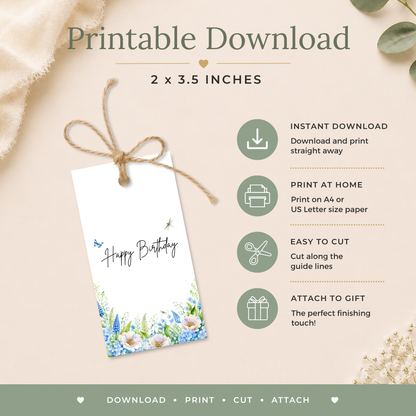 Printable Blue Floral Birthday Gift Tag