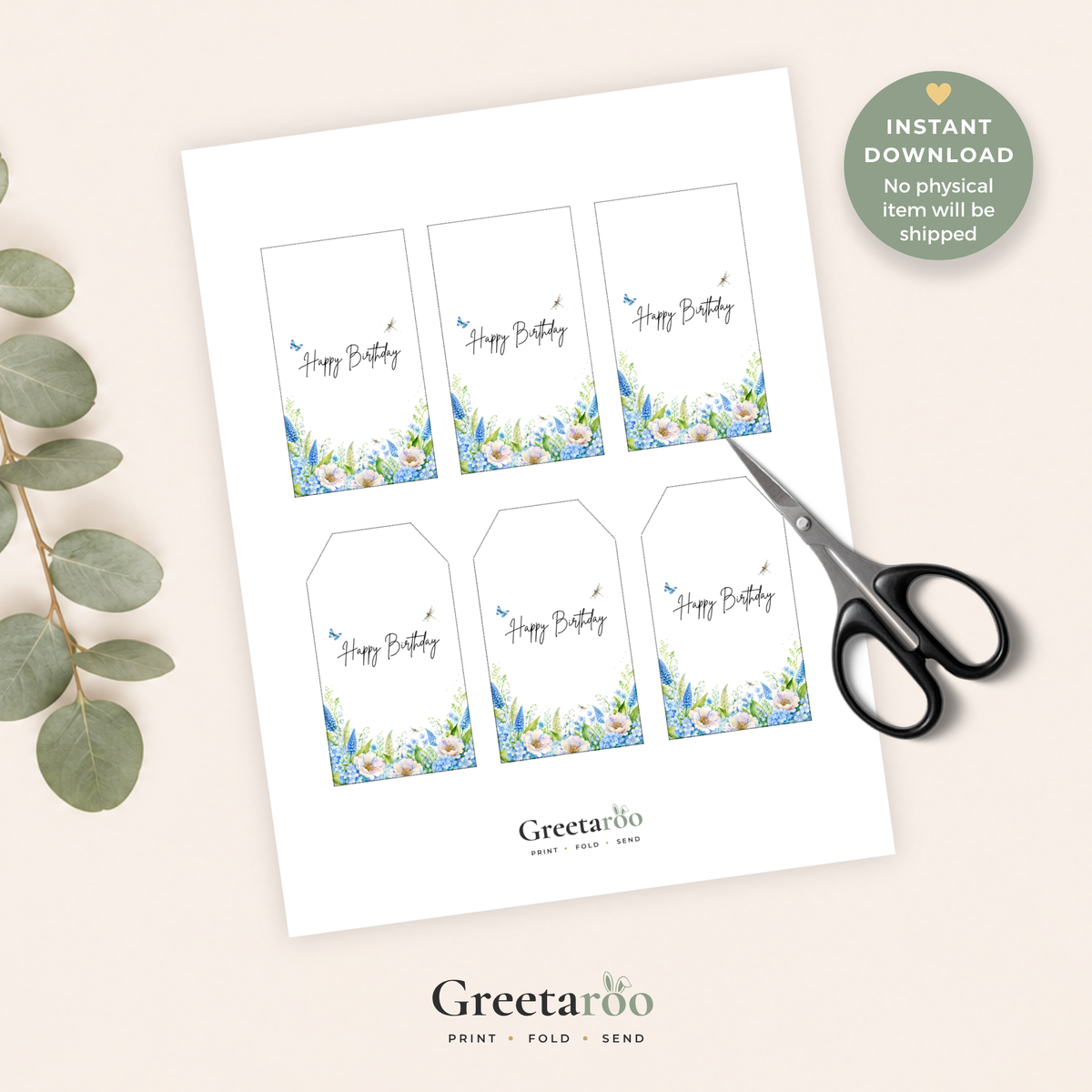 Printable Blue Floral Birthday Gift Tag