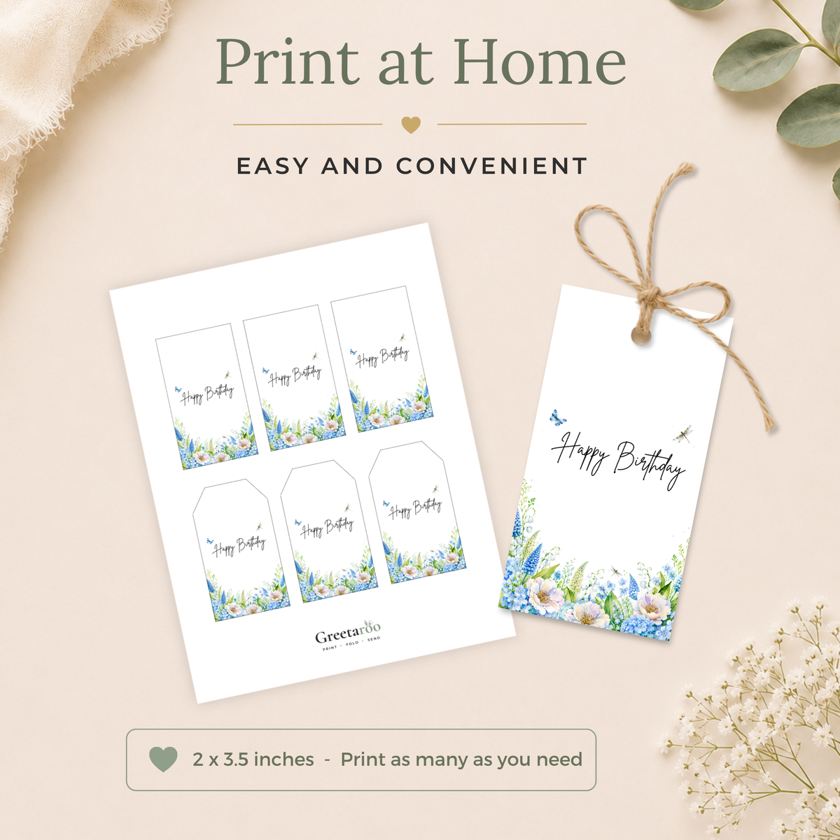 Printable Blue Floral Birthday Gift Tag