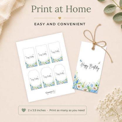 Printable Blue Floral Birthday Gift Tag