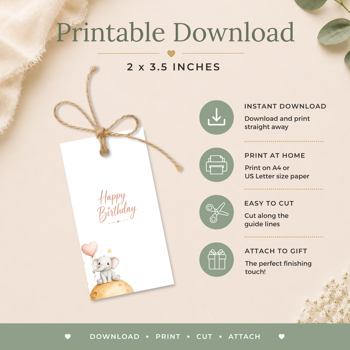 Cute Elephant Printable Birthday Gift Tag
