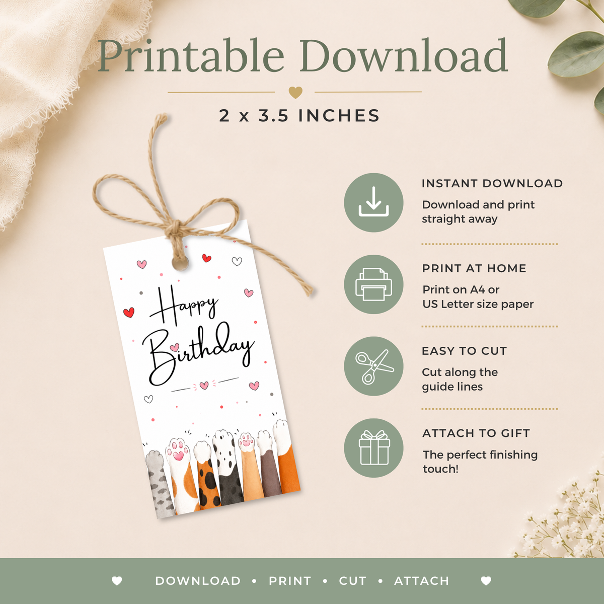 Cute Cat Printable Birthday Gift Tag