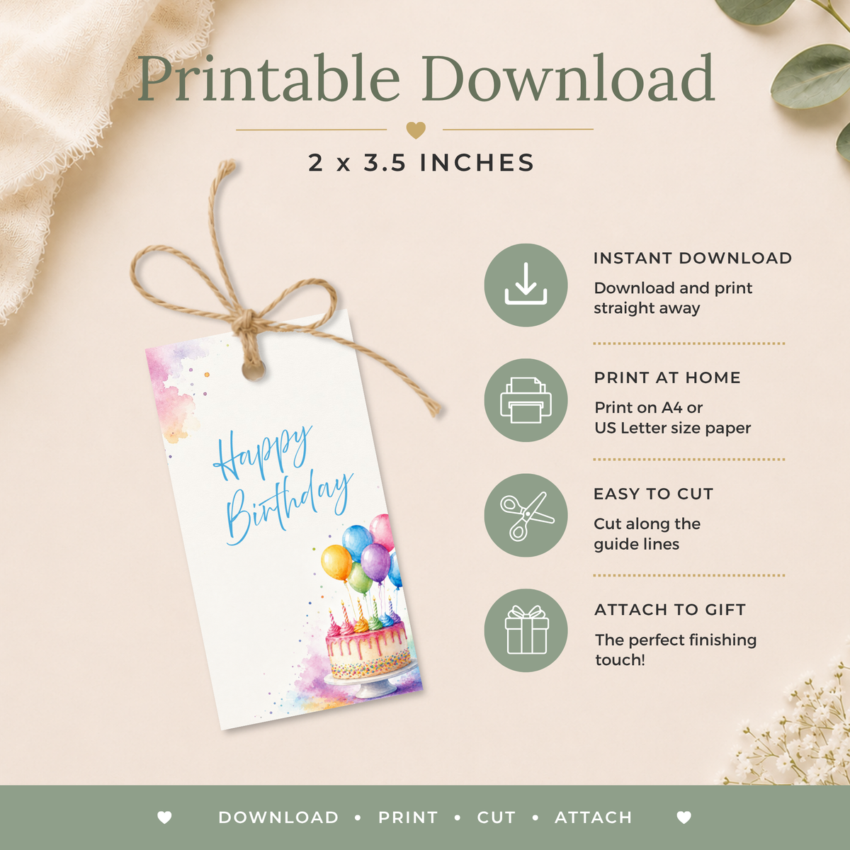 Cake and Balloons Printable Birthday Gift Tag