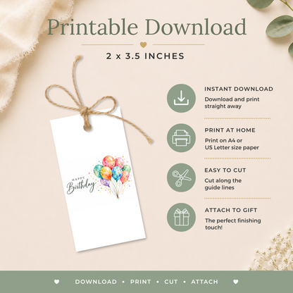 Watercolour Balloon Printable Birthday Gift Tag