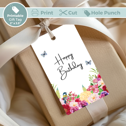 Printable Birthday Gift Tag - Pink Red Flowers