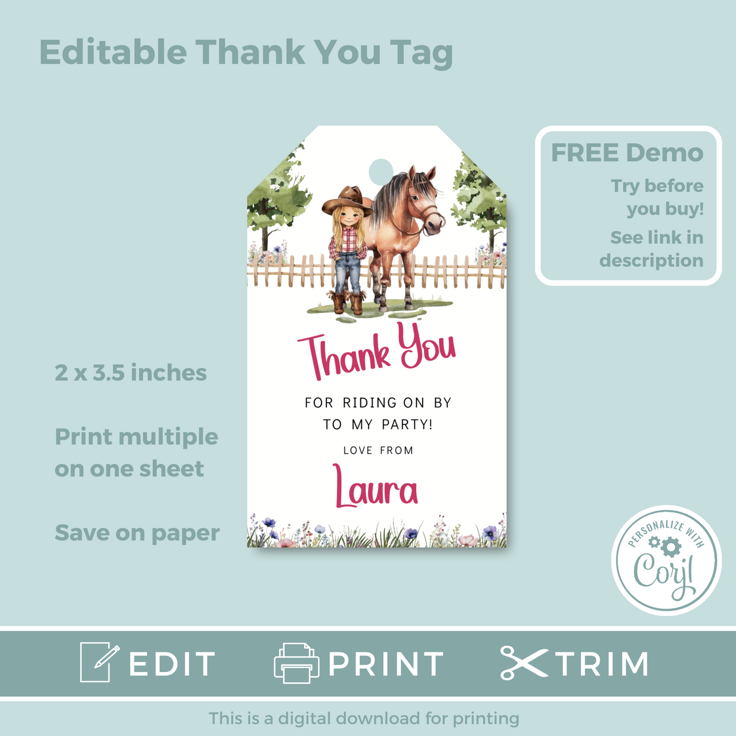 Editable Birthday Thank You Tag - Saddle Up Girl