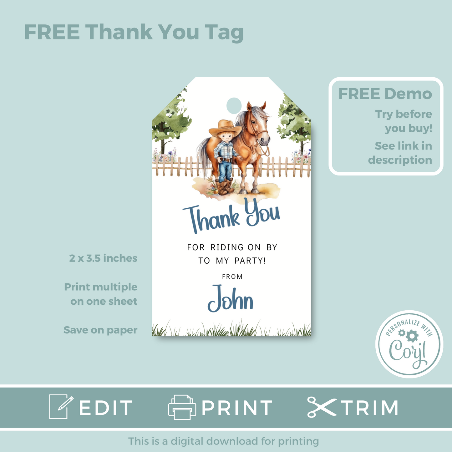 Editable Phone Birthday Invitation and FREE Thank You Tag - Saddle Up Boy