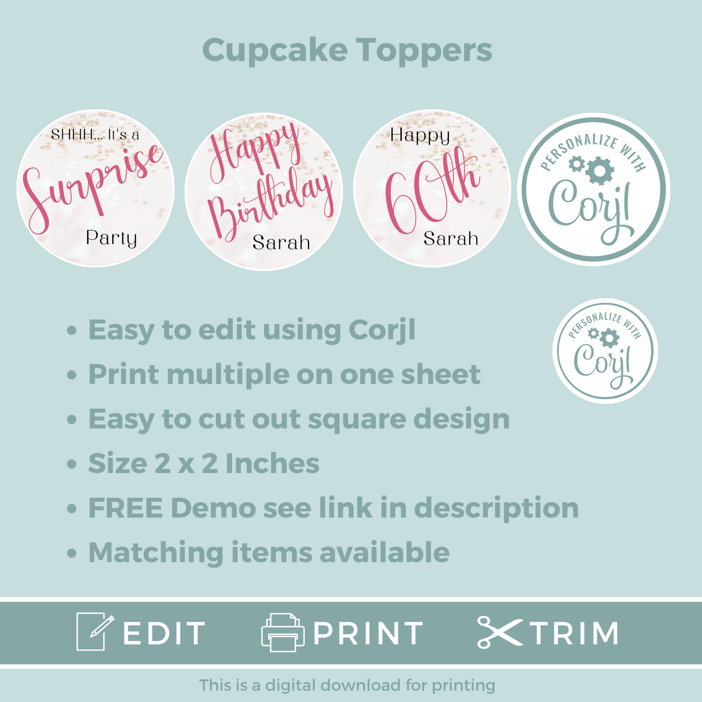 Editable Birthday Cupcake Toppers - Surprise Pink