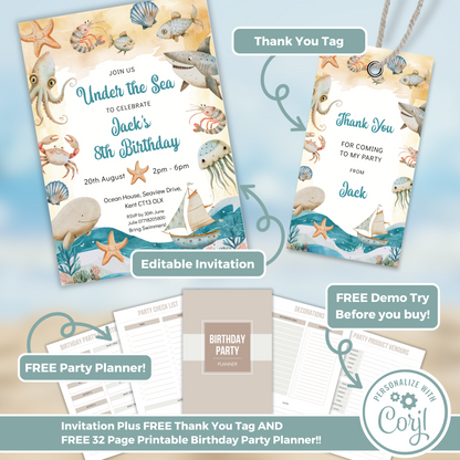 Editable Birthday Invitation and FREE Thank You Tag - Under the Sea Boy