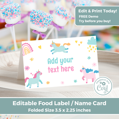 Editable Birthday Food Label / Name Card - Unicorn