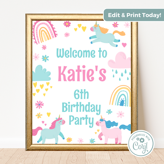 Editable Birthday Welcome Sign - Unicorn