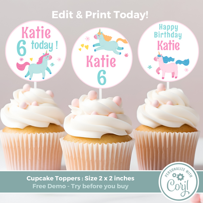 Editable Birthday Cupcake Toppers - Unicorn