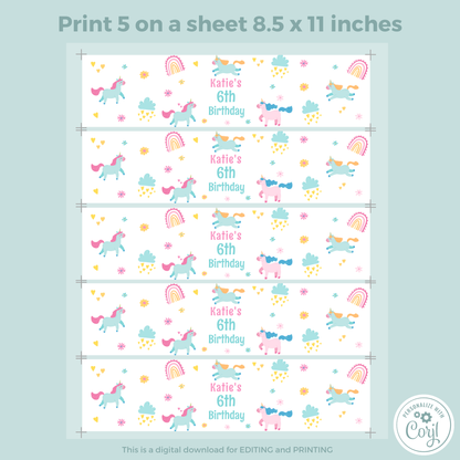 Editable Birthday Water Bottle Label - Unicorn
